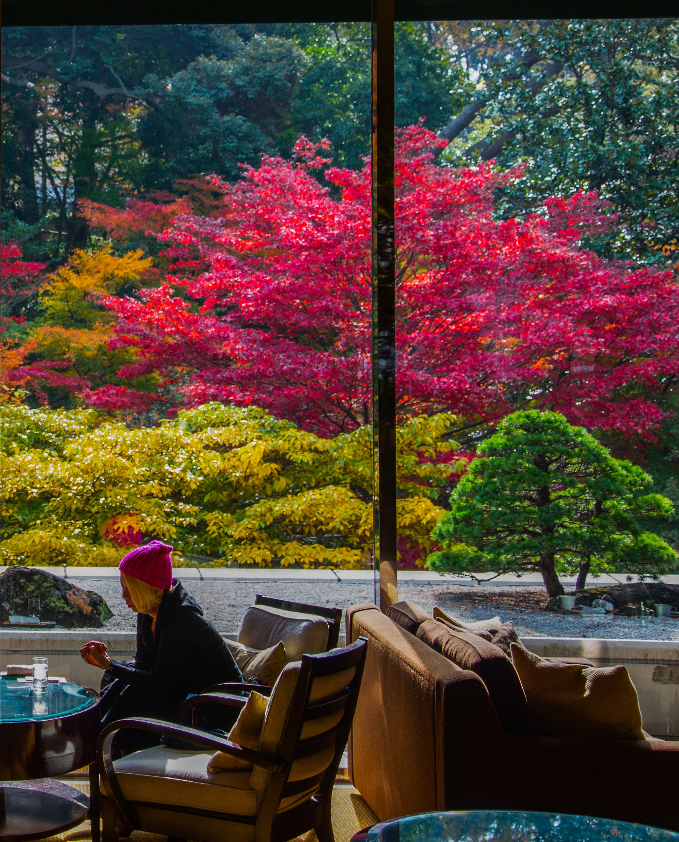 A person wearing a pink beanie sits in a hotel lounge looking out at a Japanese garden filled with vibrant red, orange and green autumn foliage through a large window