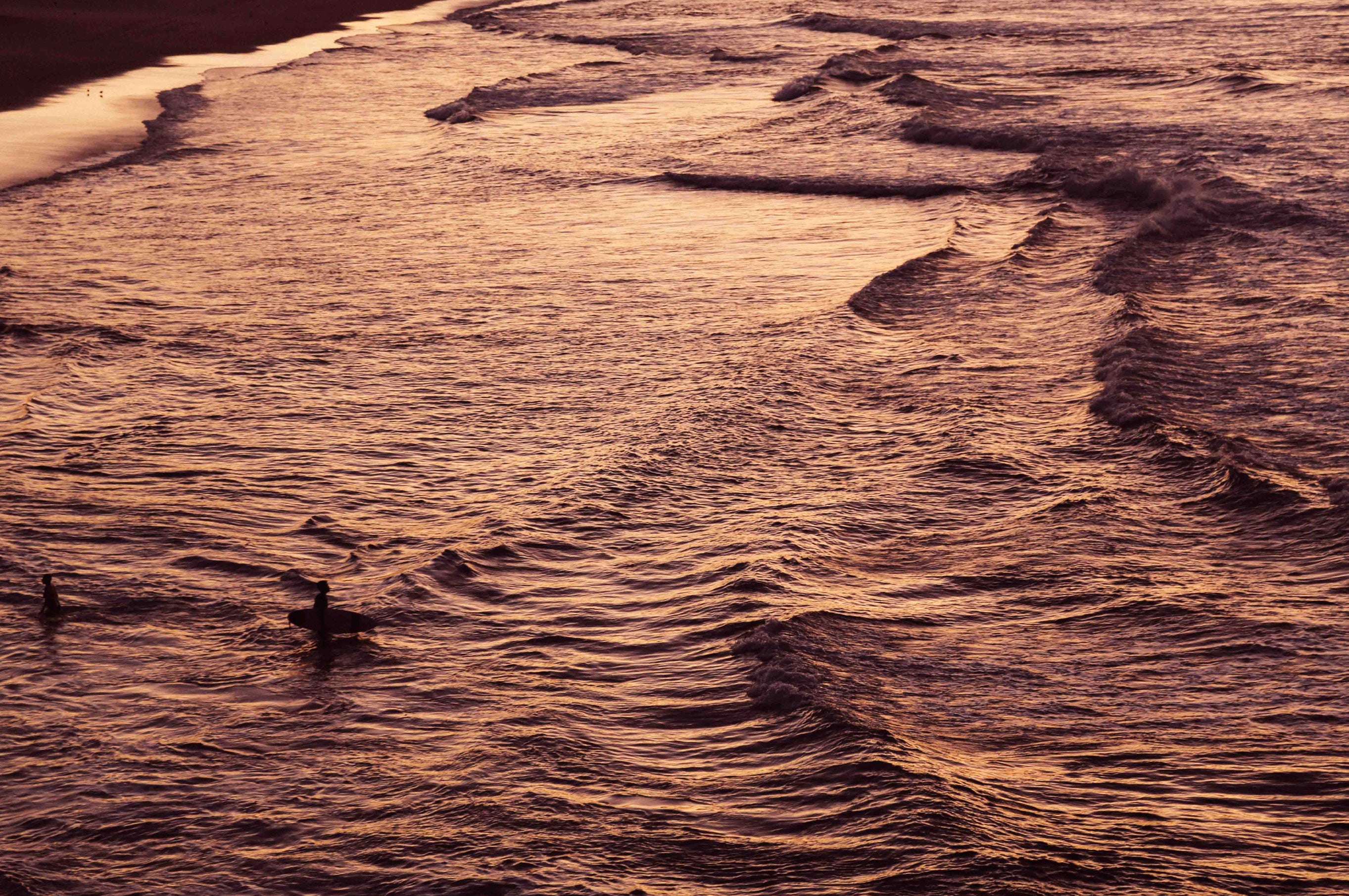 Two surfers silhouetted in amber-toned ocean waves at Bondi Beach with golden sunset light reflecting across the water surface